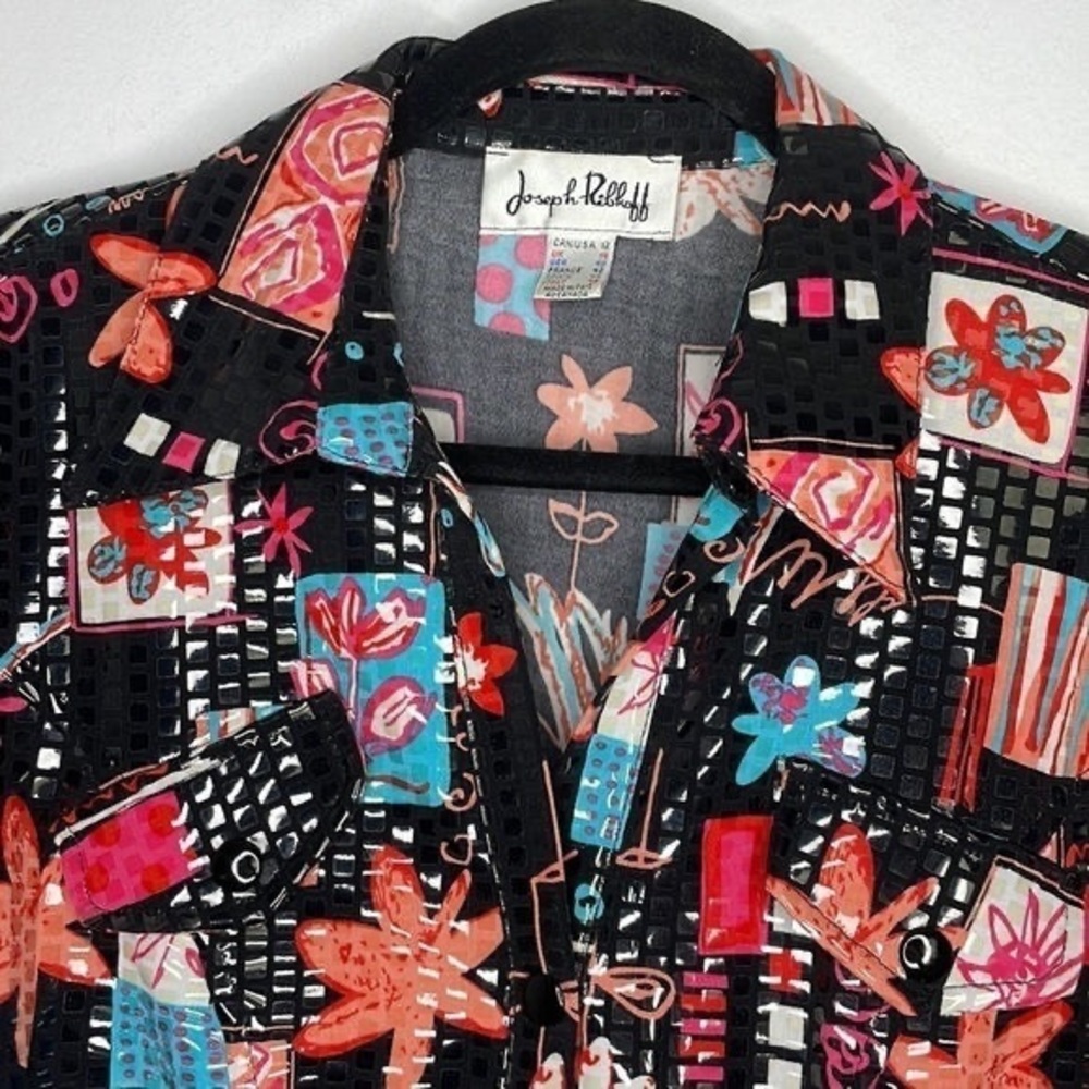 Bright Floral Patchwork Button-Up Blouse - Black … - image 2